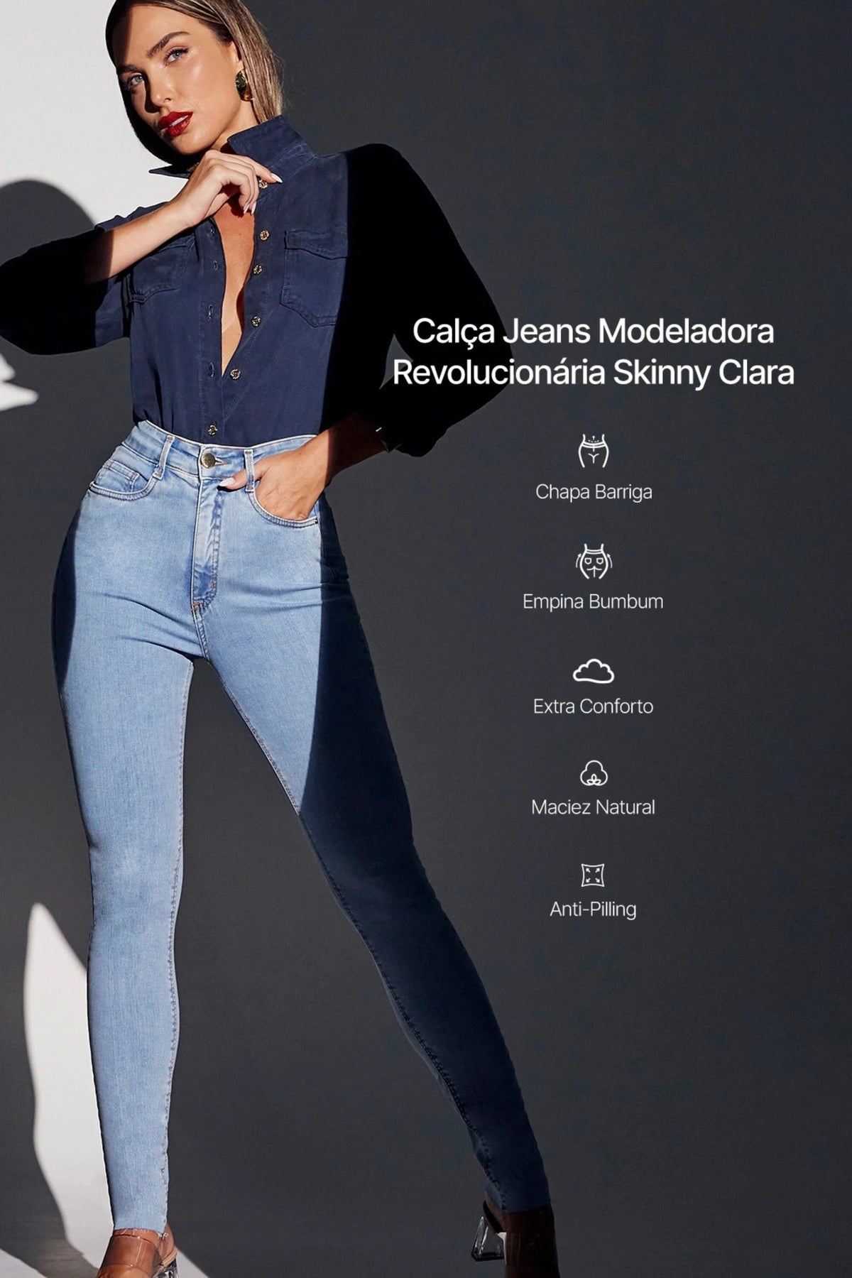 Calça Jeans Modeladora Revolucionária Skinny Clara Cós Super Alto Calça Jeans MRL-128 Miralleve