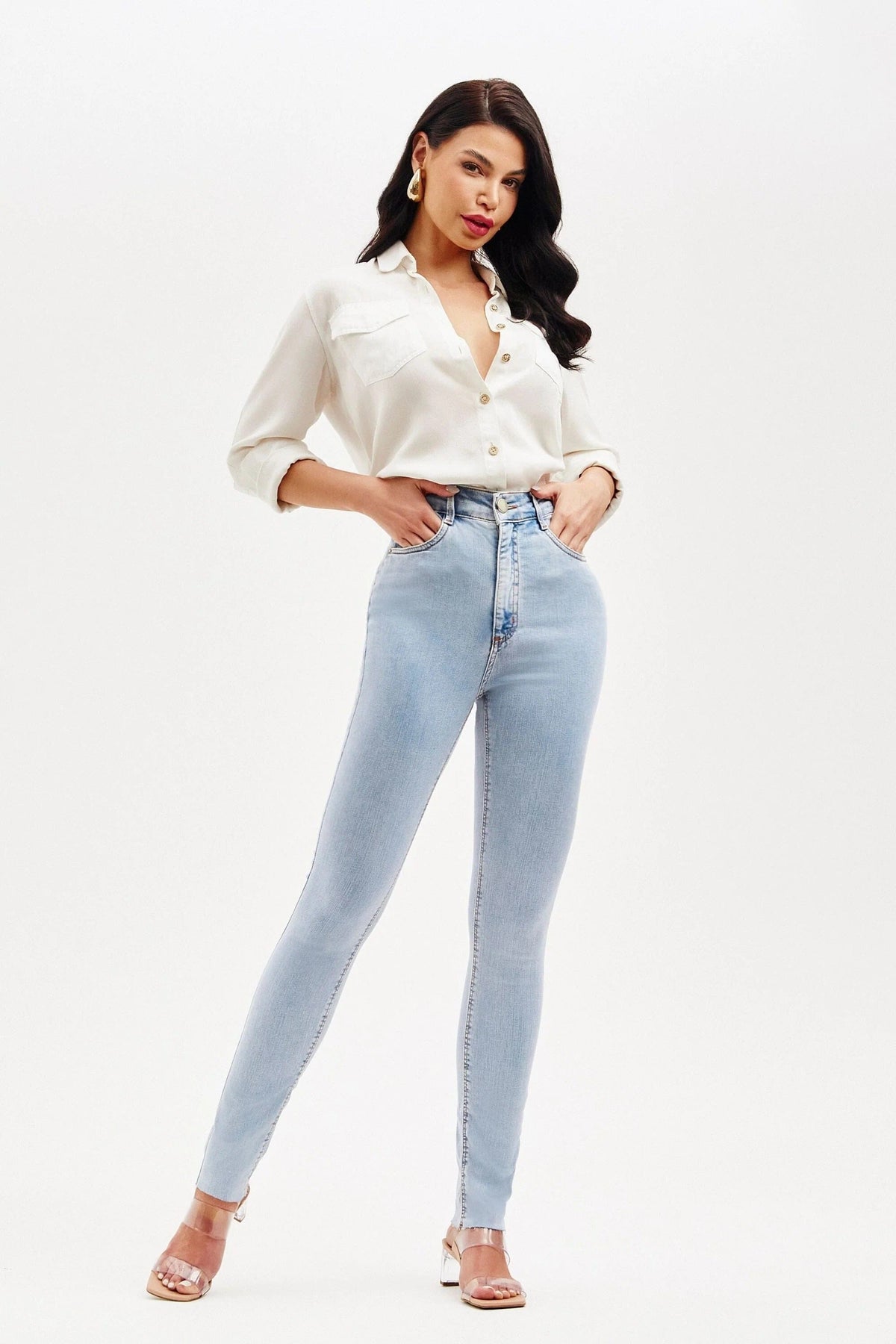 Calça Jeans Modeladora Revolucionária Skinny Clara Cós Super Alto Calça Jeans MRL-128 Miralleve