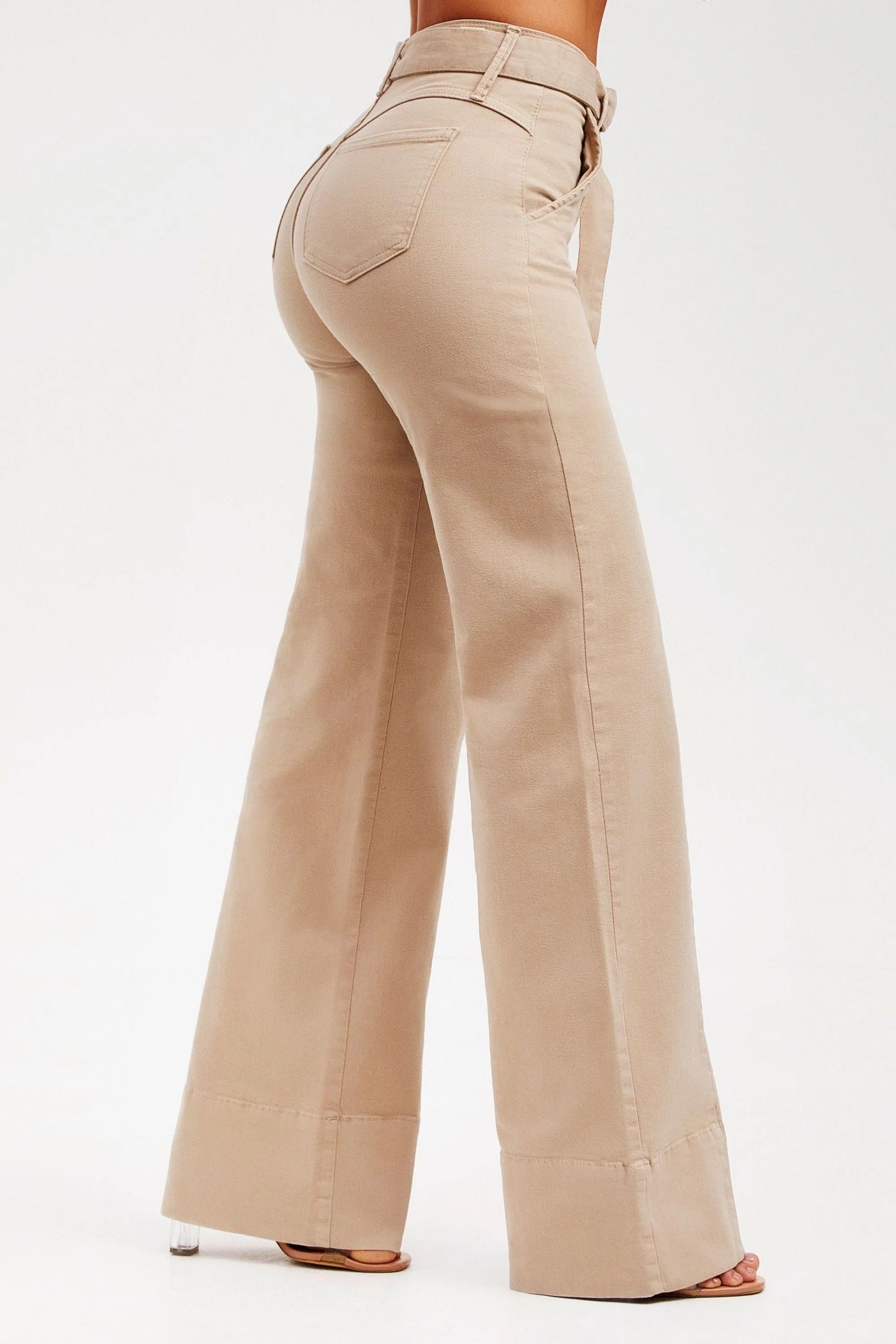 Calça Jeans de Rica Tecnológica Wide Leg Nude Cós Médio