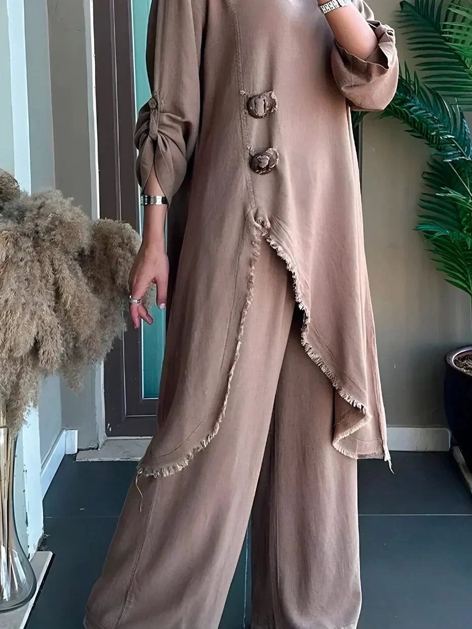 Conjunto Feminino de Gola Redonda Longo de Algodão e Linho (CONFORT V3) - Miranini Conjunto Feminino MRL-036 Miralleve