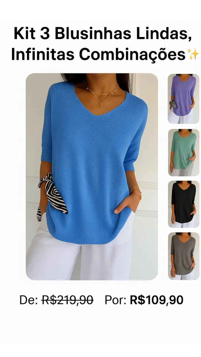 Kit 3 Blusas Luna em malha leve com combinações de cores — Miralleve