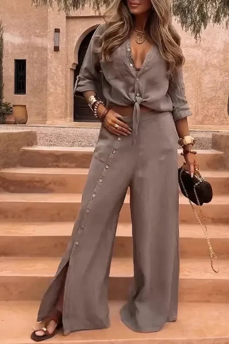 Conjunto Luna em Linho Natural - Modelagem Pantalona e Tecido Respirável