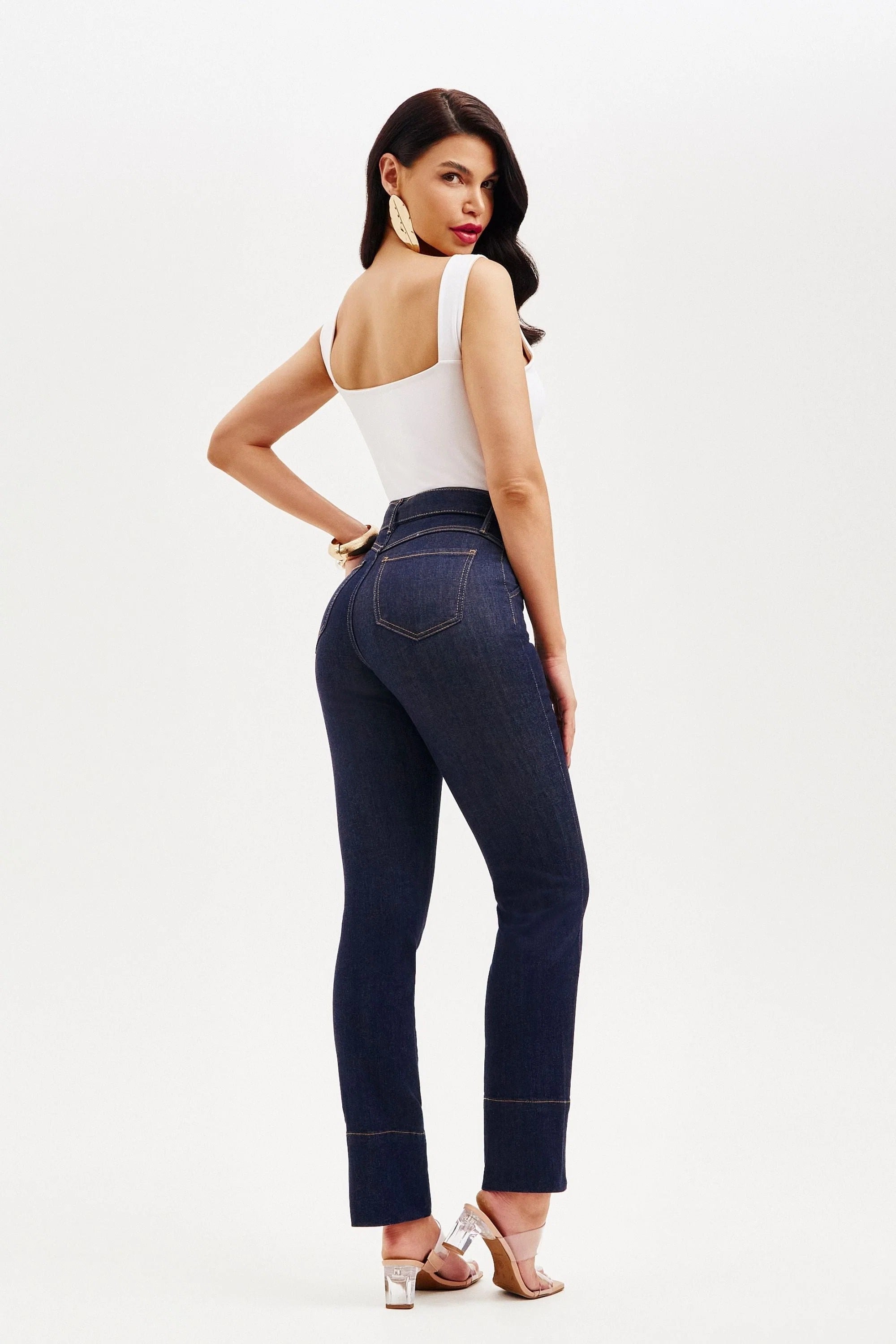Calça Jeans de Rica Tecnológica Reta Cós Super Alto